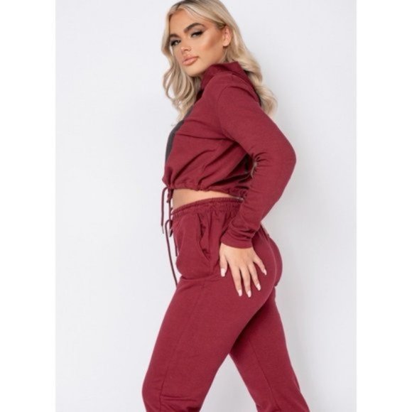 Burgundy Love Print Long Sleeve Hooded Crop Top and Joggers Pants Two Piece Set - Picture 8 of 13